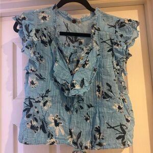 Free People Floral Ruffle Sleeve Blue Top